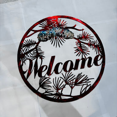 Pinecone Welcome Circle Metal Sign 16x16 18 Gauge Steel Wall Decor