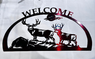 2 Deer Elk Scene Welcome 1/2 Oval Metal Sign 12x23.5 18 Gauge Steel Wall Decor