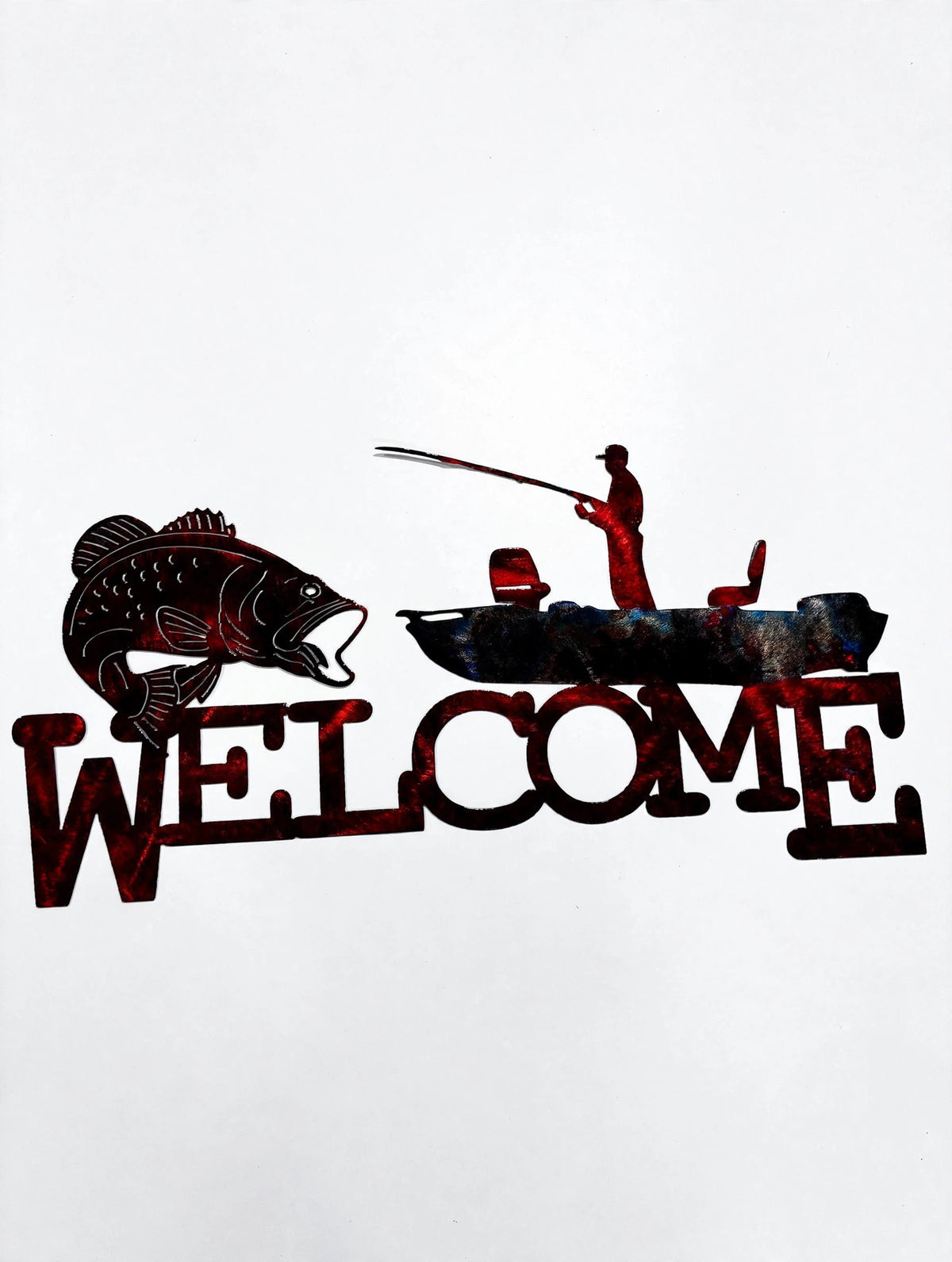 Man Fishing on Boat Bass Welcome Metal Sign